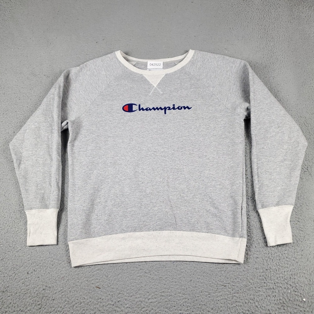 Champion Womens Gray Fleece Pullover Sweatshirt Script Logo Raglan Large